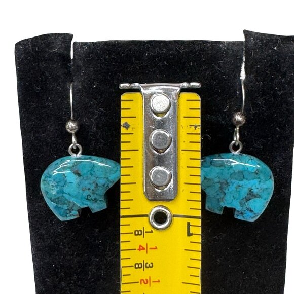 Vintage Carved Bear Fetish Sterling Silver 925 Turquoise Bear Earrings Dangle - Picture 5 of 7
